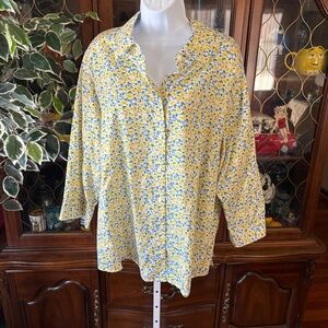 Foxcroft Floral Yellow Blue White Button Up Blouse Shirt Wrinkle Free Cotton 20W